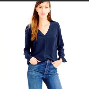 J. Crew V Neck Silk Blouse NAVY Long Sleeve size 00